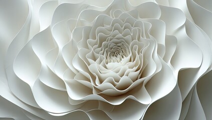 A detailed close-up view of a large, intricately layered, white paper flower, showcasing the delicate curves and folds of its petals.