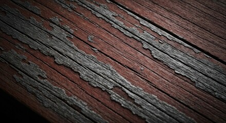 Angled, textured closeup of worn, flaking wood surface