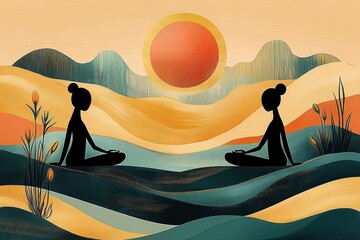 Two silhouetted figures sitting cross-legged in meditation on layered golden and teal waves with plants and a large red sun over distant hills, calm and peaceful mood