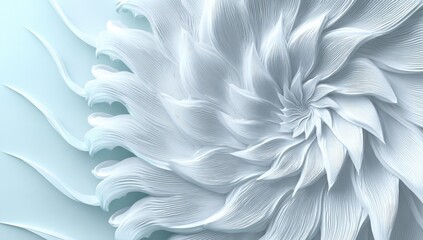 A delicate, light-blue and white abstract spiral design showcasing layered, textured petals in a swirling, intricate pattern.