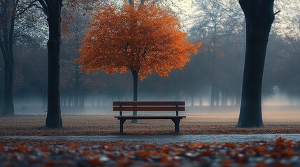 Empty wooden park bench beneath a vibrant orange autumn tree framed by dark trunks, fallen leaves on the ground and misty fog evoking quiet solitude and calm