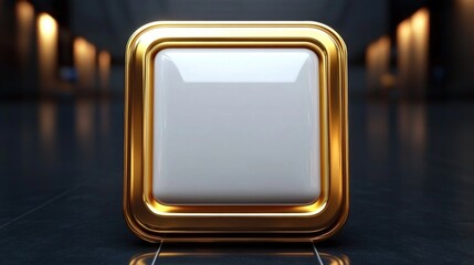 glossy white rounded square button nested in a polished gold metallic frame on a reflective dark floor with warm blurred corridor lights, conveying luxury and futuristic elegance
