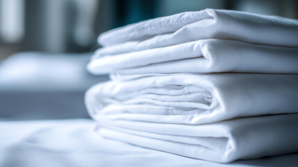 A neatly folded stack of crisp, white linens ready for use in a clean, organized space.