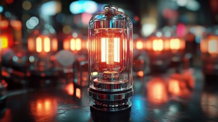 Glowing glass vacuum tube with metal base on reflective surface surrounded by blurred glowing tubes, warm neon reflections and moody futuristic nostalgic ambiance