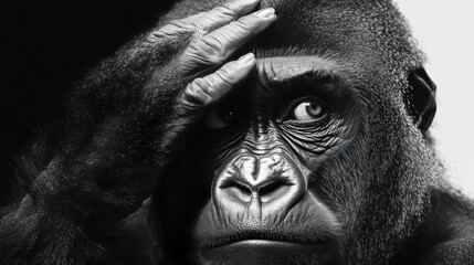 black and white close-up of a chimpanzee hand and arm resting on its head with textured fur and visible ear, conveying a pensive, contemplative mood