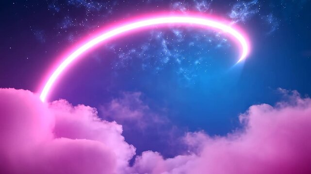 Neon arc trails across starry sky and pink clouds with cosmic burst