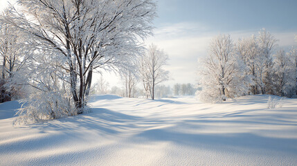 Fototapeta premium A serene winter landscape featuring snow-covered trees and a tranquil white expanse under a clear sky.