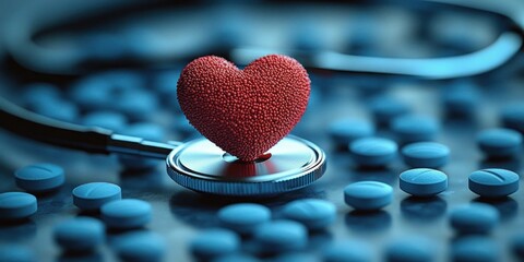 red textured heart resting on stethoscope chest piece surrounded by scattered blue pills on reflective surface, soft cool lighting and an intimate compassionate medical mood