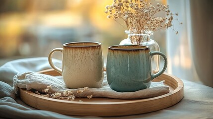 Two ceramic mugs on a round wooden tray with linen cloth and a glass vase of dried flowers by a sunlit window, warm cozy morning atmosphere