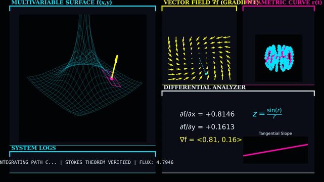 Multivariable Calculus Visualization Showing Vector Field, Gradient, and Parametric Curve with Mathematical Surface and Differential Analysis