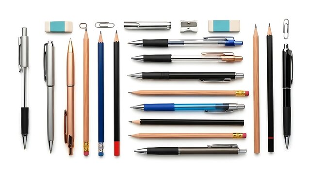 A neatly arranged collection of pens, pencils, erasers, and paper clips on a white background, perfect for office or educational settings