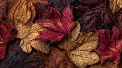 A vibrant assortment of autumn leaves showcasing rich reds, yellows, and browns, perfect for seasonal decor.