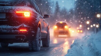 rear view of a snow-covered car on an icy road at dusk, glowing taillights and falling snow with blurred headlights ahead evoking a cautious cold winter drive