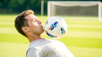 Soccer Player Heading Ball in Training on Field

