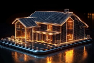 Glowing wireframe two-story house hologram on a smartphone with warm orange lights reflected on a glossy surface, futuristic and awe-inspiring