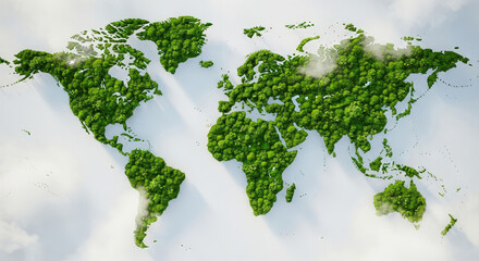 Green World Map Made Of Trees Depicts Environmental Conservation and Sustainable Future On Cloudy Sky