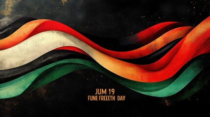 Flowing colorful ribbons in red black green cream and orange over a dark textured background with gold speckles and centered text reading JUM 19 FUNE FREEETH DAY, energetic and celebratory