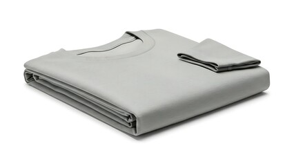 A neatly folded stack of gray fabric or clothing on a white background, showcasing a tidy and organized arrangement of textile material.