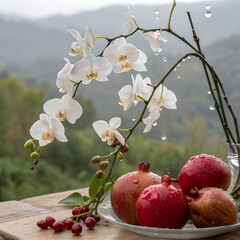 White orchids and pomegranates with rain droplets, elegant realism, beautiful background