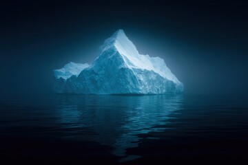 Glowing blue iceberg in dark water