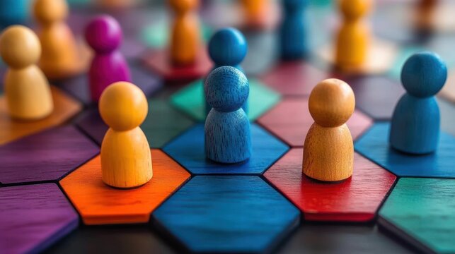 colorful wooden game pawns standing on painted hexagon tiles in a close-up arrangement, playful and vibrant scene suggesting community and teamwork