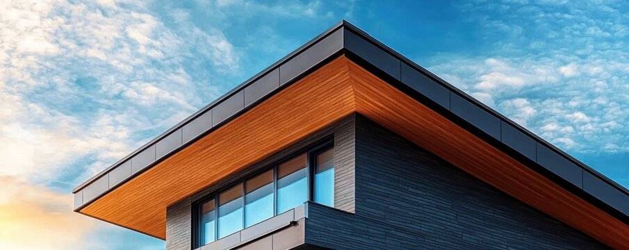 modern house corner with wide wooden soffit, dark textured facade and large glass windows under a calm blue sky at sunset, sleek and tranquil mood