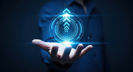 Growth and Development Strategy Hand Holding Upward Arrow in Futuristic Style Business Performance Concept New Technologies Innovating and Ascending