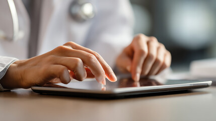 Close-up of a doctor's hands using a tablet device to access patient information for improved healthcare.