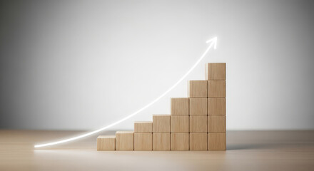 Growth and Progress Concept with Wooden Blocks Staircase and Arrow. Upward Trend Symbolizing Steps to Success and Financial Gain in Business Strategy