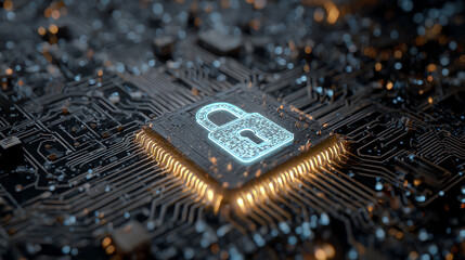 Close-up of a microchip with a glowing padlock symbol represents cybersecurity and digital protection.