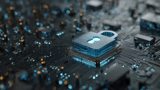 Close-up of a digital lock symbol on a motherboard, representing cybersecurity and data protection concepts. - Powered by Adobe