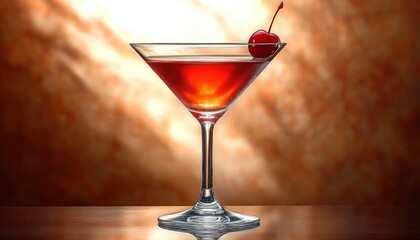 Red cocktail in a martini glass with a cherry on the rim on a wooden table, warm glowing amber background, elegant inviting and sophisticated mood