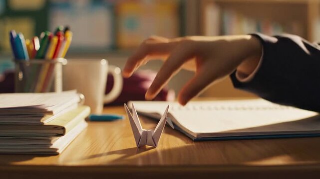 Hand reaching for a notebook on a wooden desk with office supplies.