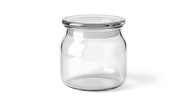 A clear glass jar with a lid on a white background, perfect for product photography and commercial use.
