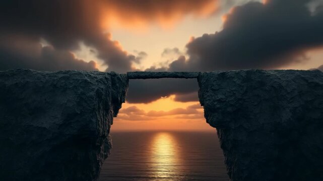 Setting Sun Illuminating Rocky Bridge Over Dramatic Canyon in Golden Evening Light