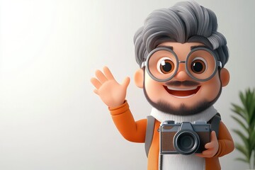 Friendly gray-haired person in an orange sweater and turtleneck waving while holding a vintage camera with shoulder straps in a bright studio with a potted plant, cheerful and welcoming