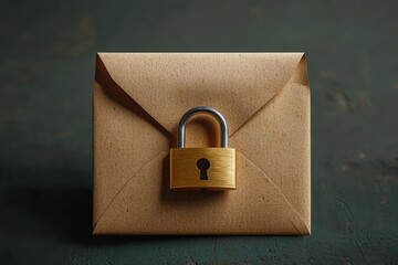 kraft paper envelope sealed with a brass padlock on a dark textured surface, moody lighting evoking secrecy, privacy and protection