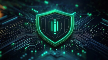 glowing green digital shield emblem on a futuristic circuit board conveying protection and cybersecurity confidence