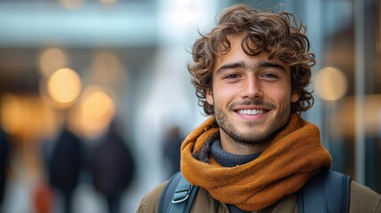 young person with curly hair wearing a warm orange scarf and backpack in a softly lit urban scene, calm and contemplative mood