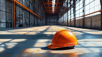 orange safety helmet resting on dusty concrete floor of an empty industrial warehouse bathed in warm sunlight and long shadows, evoking solitude and quiet anticipation