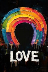 textured rainbow arch with thick dripping paint on a black background above bold distressed white letters spelling love, evoking warmth, hope and joyful optimism