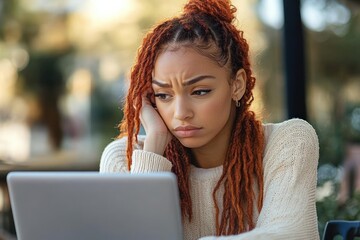 woman with red dreadlocks in a cream knit sweater seated outdoors at a laptop, resting her head on her hand, contemplative and relaxed