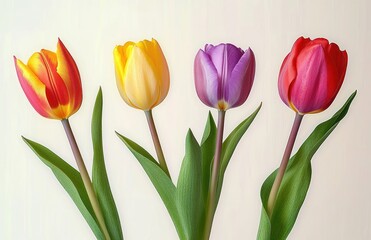 Four vibrant tulips in red-yellow, yellow, purple and red with green leaves and stems against a soft pale background, fresh and cheerful spring still life