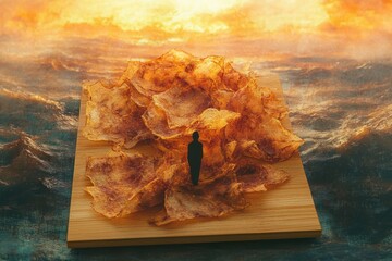 tiny black silhouette standing on a pile of golden potato chips on a wooden board floating on ocean waves at sunset, surreal contemplative lonely mood
