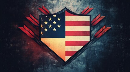 worn shield with american flag motif featuring stars and stripes, set against red arrows and a grunge textured dark background conveying a dramatic, defiant and resilient mood