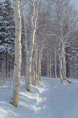 Snowy woodland path lined with tall white birch trunks and evergreen trees, footprints in fresh snow, soft sunlight and quiet winter calm