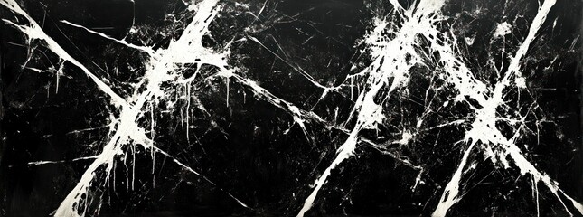 black canvas with bold white paint splatters and diagonal dripping streaks conveying chaotic energetic contrast