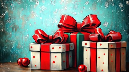 three festive gift boxes with large red bows and shiny ornaments on a snowy teal background, evoking joyful holiday cheer