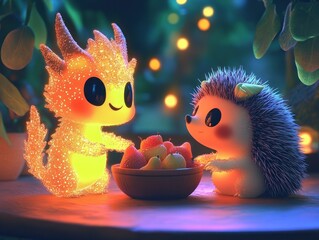 Glowing sparkly creature and curious hedgehog sharing a bowl of fruit under warm fairy lights in a cozy magical scene
