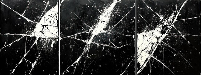 black and white abstract triptych of shattered white paint splatters and jagged diagonal cracks across three canvases conveying tension and dramatic energy